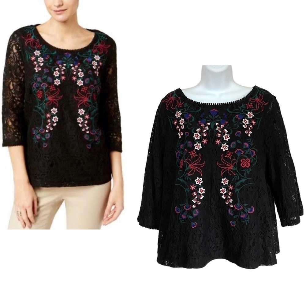 Black Floral Embroidered Lace Blouse Medium Pullover